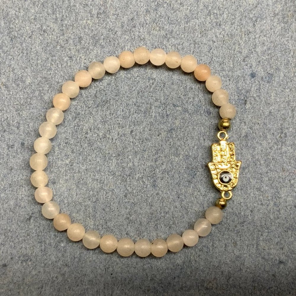 Hamsa Hand Eye Bracelet pale pink bead spotted Gold Stretch Retro BoHo Soft Girl